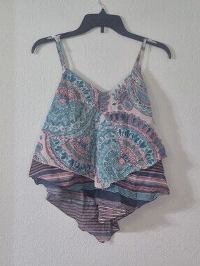 Roxy Multicolor Paisley & Stripe Layered Crop Tank Top - Teal, Coral, White